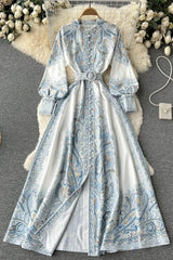 Retro Print Long Sleeve Buttons Maxi Dress