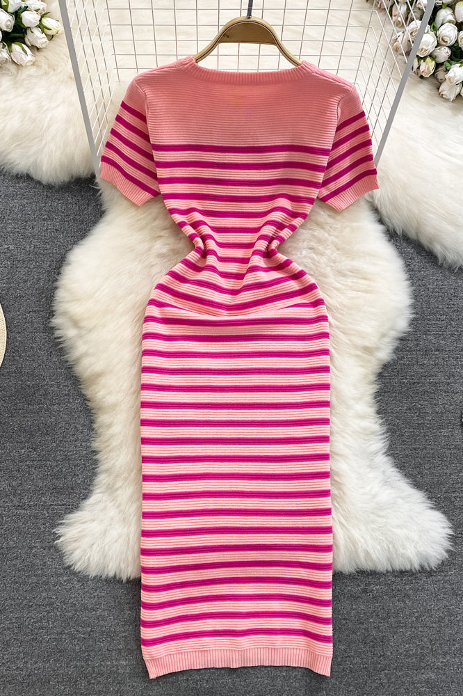 Casual Stripe Crochet Short Sleeve Maxi Dress