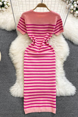 Casual Stripe Crochet Short Sleeve Maxi Dress