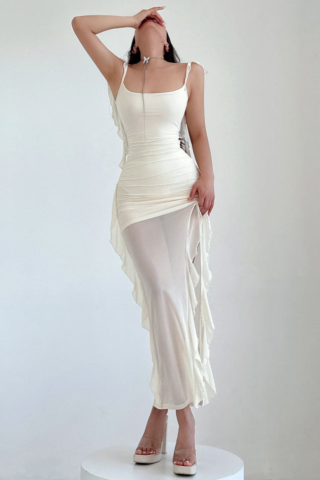 Gauze Lace Split Strap Backless Maxi Dress