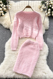 Knit Crop Top Sweater High Waist Skirt Set Two-Piece