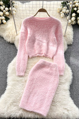 Knit Crop Top Sweater High Waist Skirt Set Two-Piece