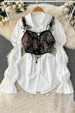 Floral Strap Cami Crop Vest Tank Long Sleeve Shirt Top Set Two-Piece