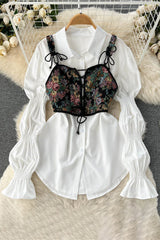 Floral Strap Cami Crop Vest Tank Long Sleeve Shirt Top Set Two-Piece