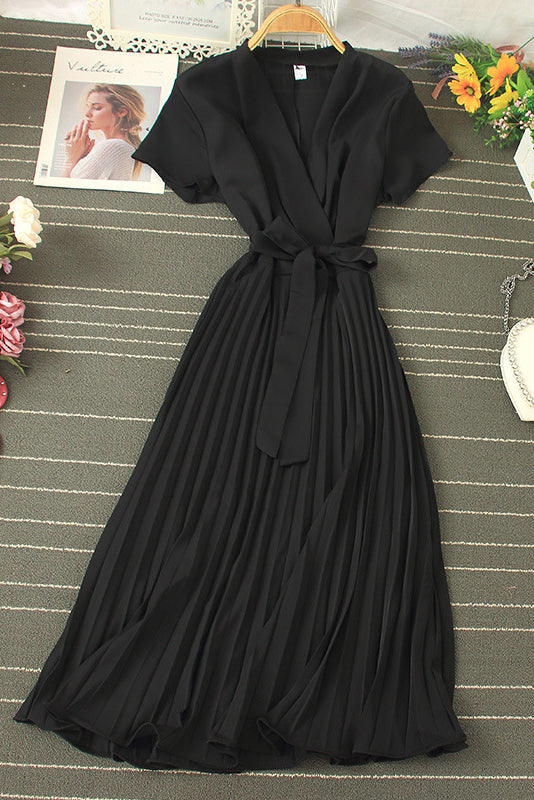 V-Neck Short Sleeve Strappy Pleated Maxi Dress