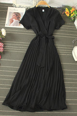 V-Neck Short Sleeve Strappy Pleated Maxi Dress