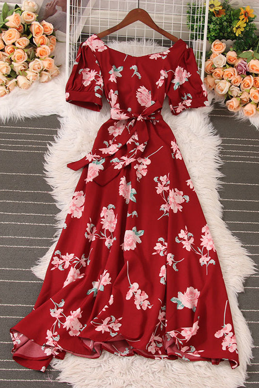 Floral V-Neck Short Sleeve Maxi Dress