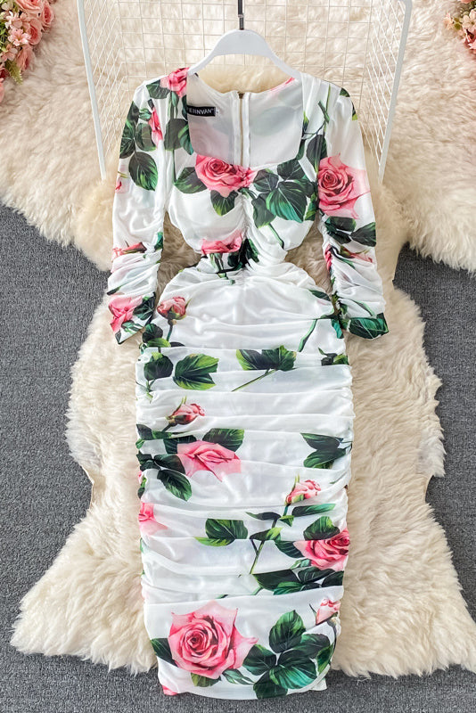 Square Collar Long Sleeve Print Ruffle Maxi Dress