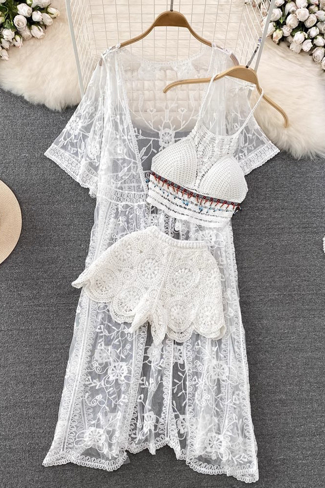 Beach Embroidery Vest Tank Top Shorts Long Cardigan Three-Piece