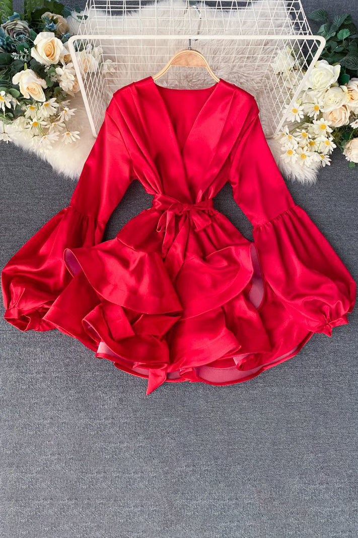 V-Neck Strappy Long Sleeve Mini Dress