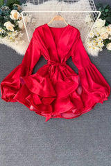 V-Neck Strappy Long Sleeve Mini Dress