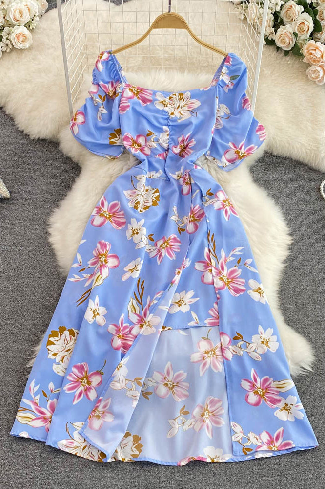 Retro Floral Square Neck Short Sleeve Backless Maxi Dress
