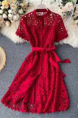 Lace Hollow Short Sleeve Dress