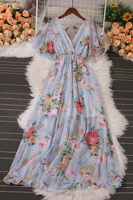 Chiffon Print V-Neck Short Sleeve Dress