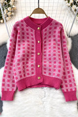 Plaid Knit Long Sleeve Cardigan Coat