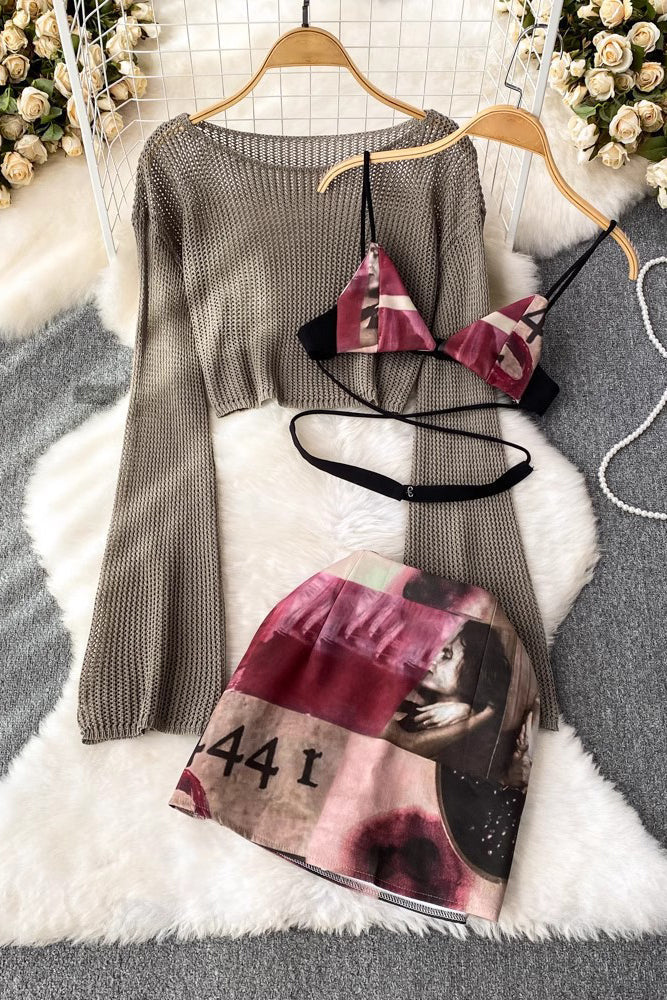 Long Sleeve Top Strap Bra Skirt Three Piece Set