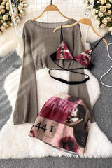 Long Sleeve Top Strap Bra Skirt Three Piece Set - One Size