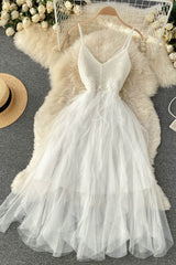 Irregular Gauze V-Neck Strap Knit Beach Maxi Dress