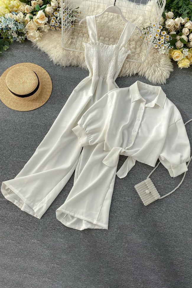 Sleeveless Strap Romper Jumpsuit Buttons Short Sleeve Shirt Tops Set Two-Piece