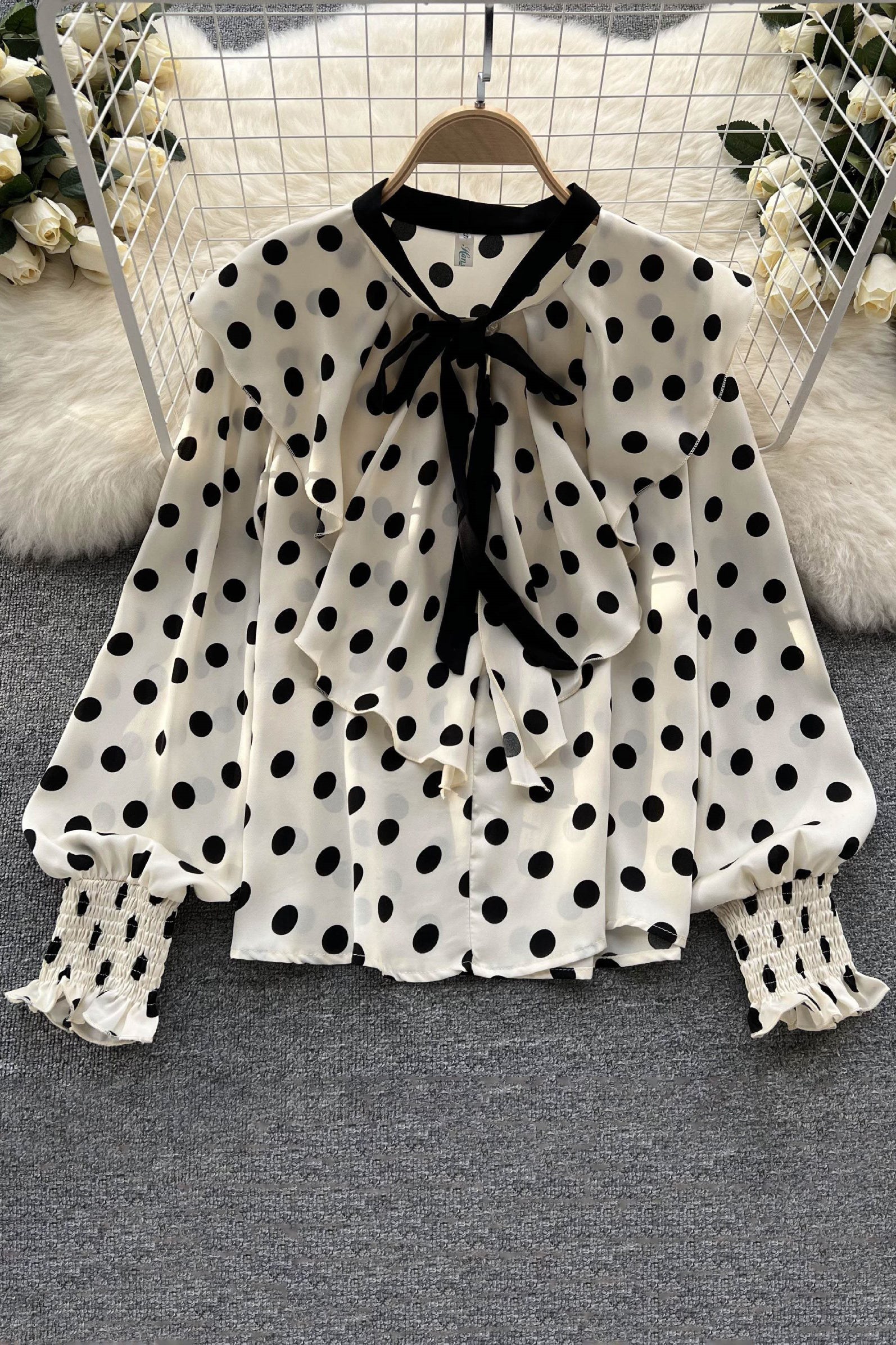 Lace Long Sleeve Polka Dots Print Tops