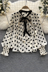 Lace Long Sleeve Polka Dots Print Tops