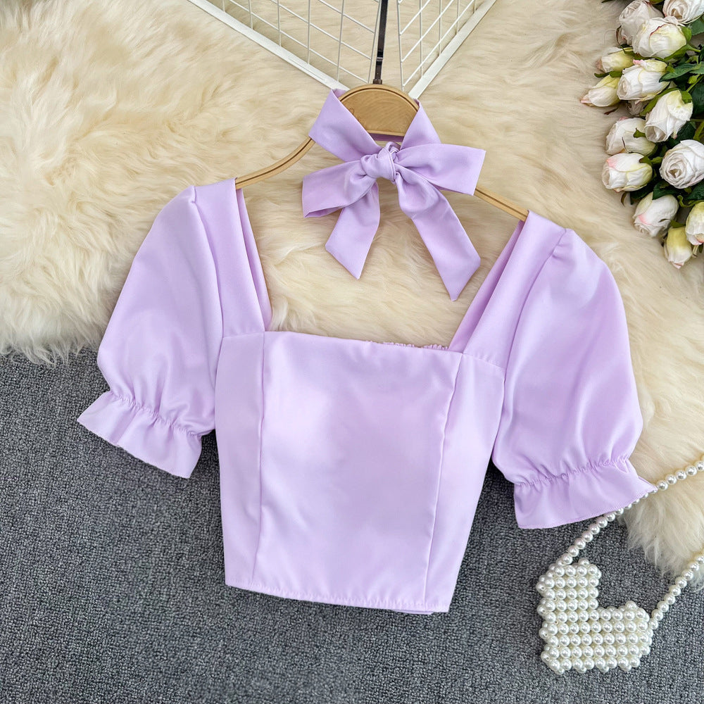 Bow Square Neck Short Sleeve Crop Top