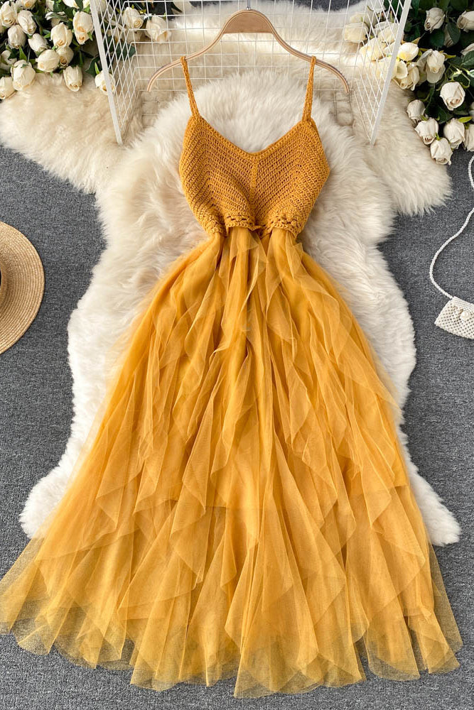 Irregular Gauze V-Neck Strap Knit Beach Maxi Dress