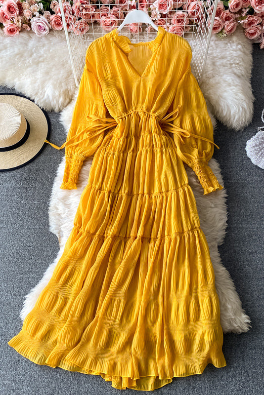 Retro Boho Chiffon V-Neck Long Sleeve Maxi Dress