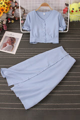 Short Sleeve Buttons Crop Tops Skirt Set Two-Piece