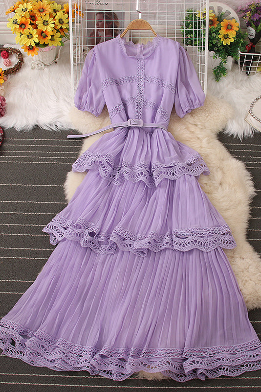 Short Sleeve Lace Chiffon Maxi Dress