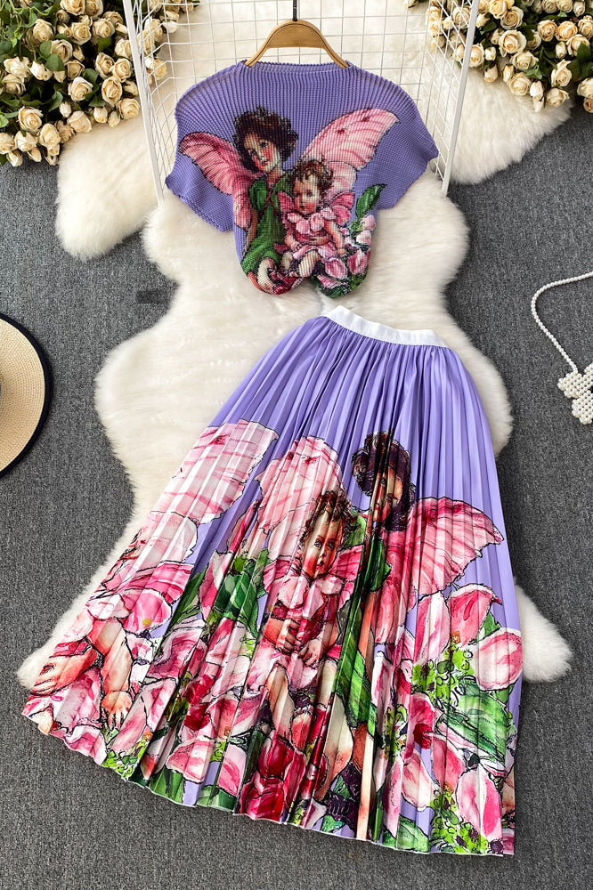 Print Short Sleeve Tops Skirt Set Two-Piece