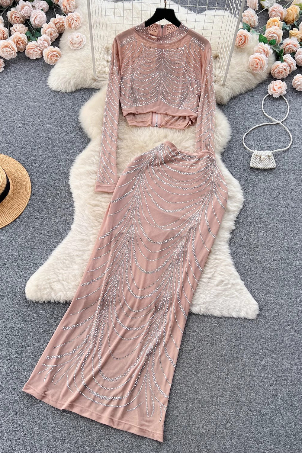 Long Sleeve Crop Top Skirt Set Two-Piece