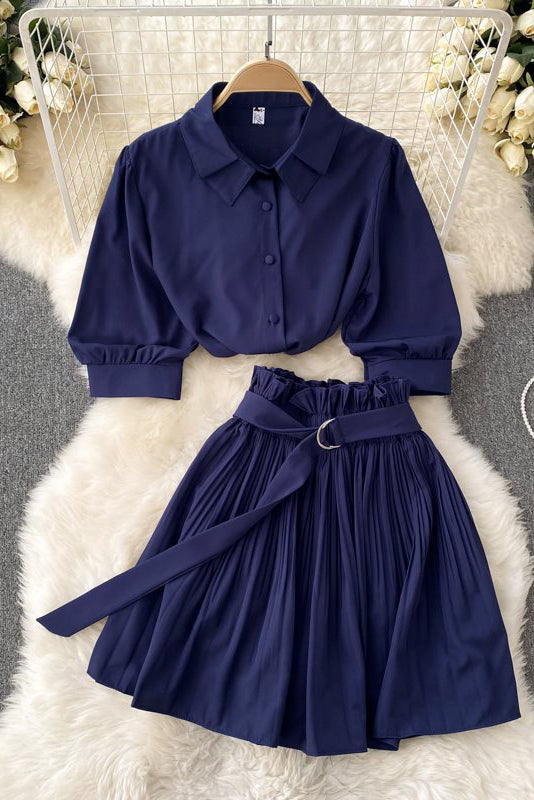 Short Sleeve Shirt Tops Pleated Skirt Set Two-Piece
