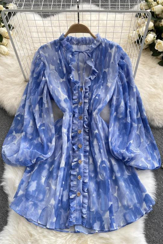 V-Neck Print Long Sleeve Buttons Mini Dress