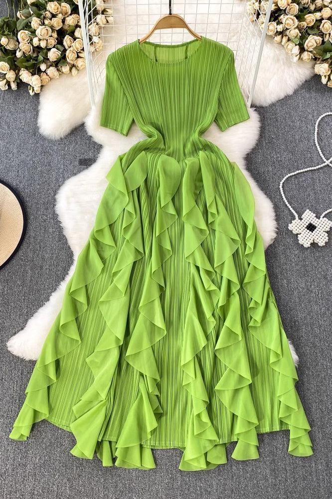Ruffle Irregular Lace Scoop Neck Short Sleeve Maxi Dress