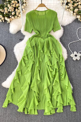 Ruffle Irregular Lace Scoop Neck Short Sleeve Maxi Dress