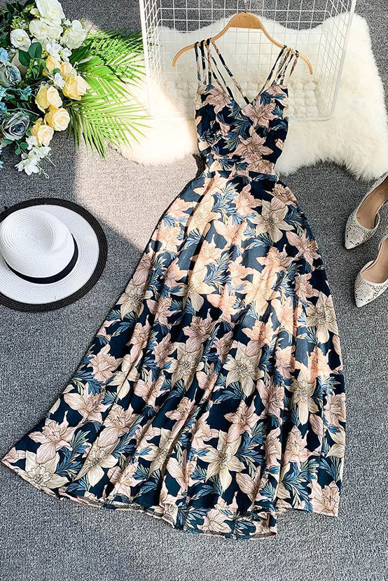 Backless Sleeveless Strap Floral Maxi Dress