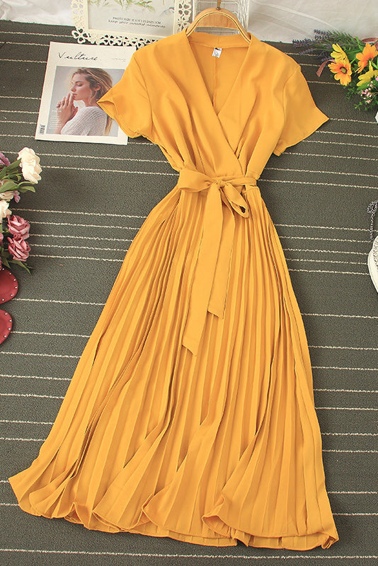 V-Neck Short Sleeve Strappy Pleated Maxi Dress