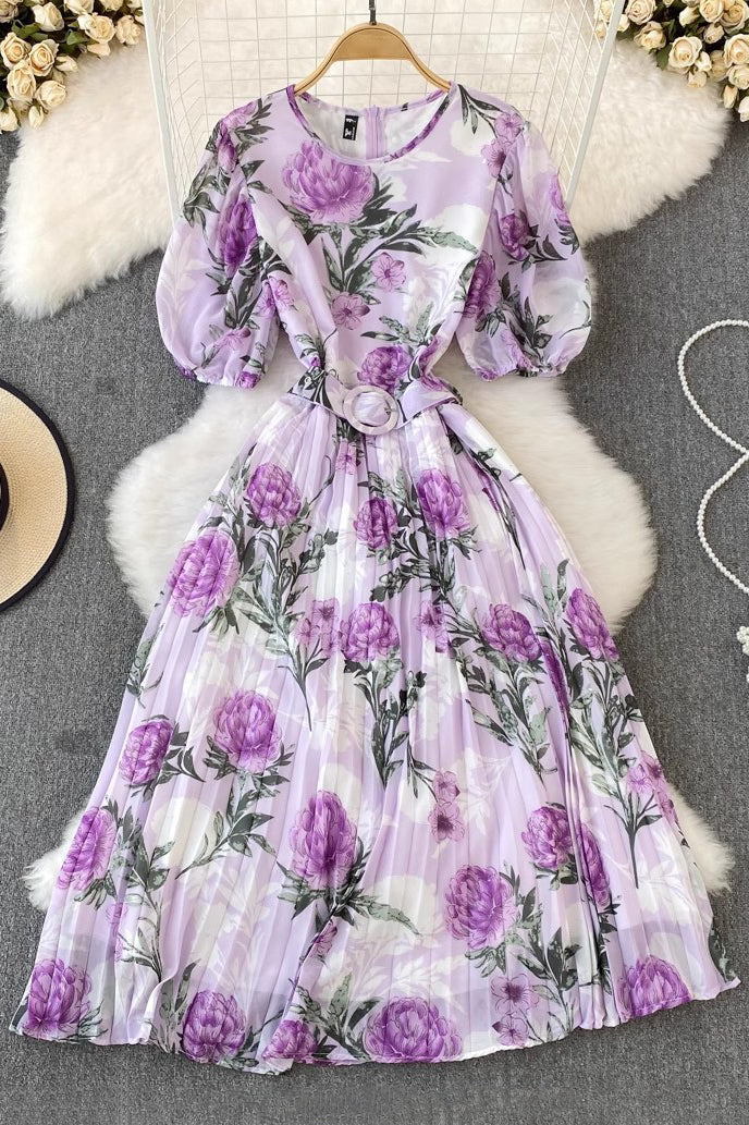 Scoop Neck Short Sleeve Flower Pleated Maxi Dress