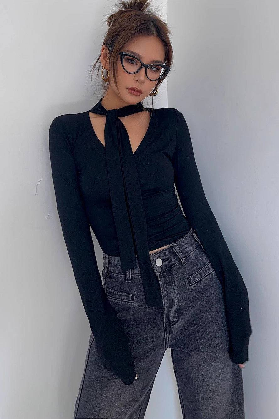 Wrap V-Neck Fitted Tops Shirt
