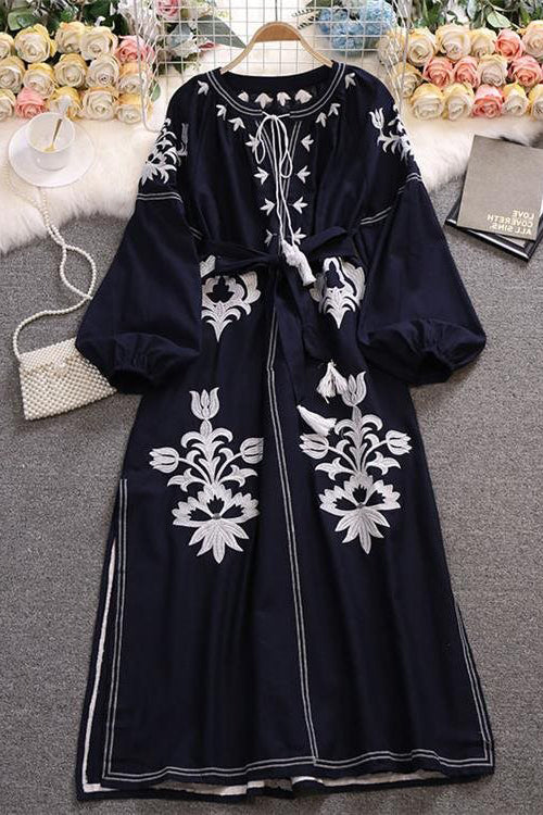Ethnic Embroidery Tassel Long Sleeve Maxi Dress