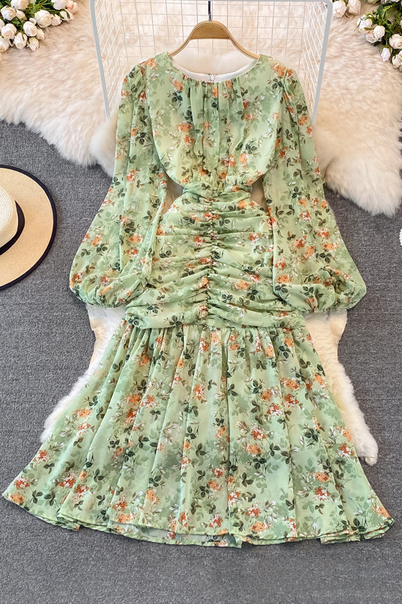 Floral Long Sleeve Zip Ruffle Maxi Dress