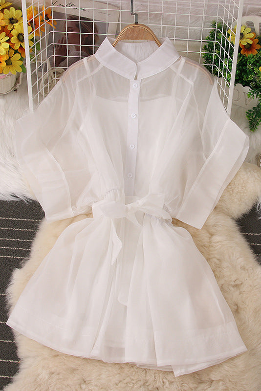 Sleeveless Strap Top Short Sleeve Buttons Mini Two-Piece