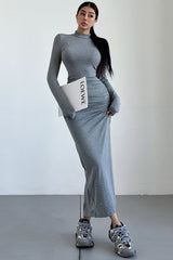 High Neck Long Sleeve Ruffle Split Maxi Dress