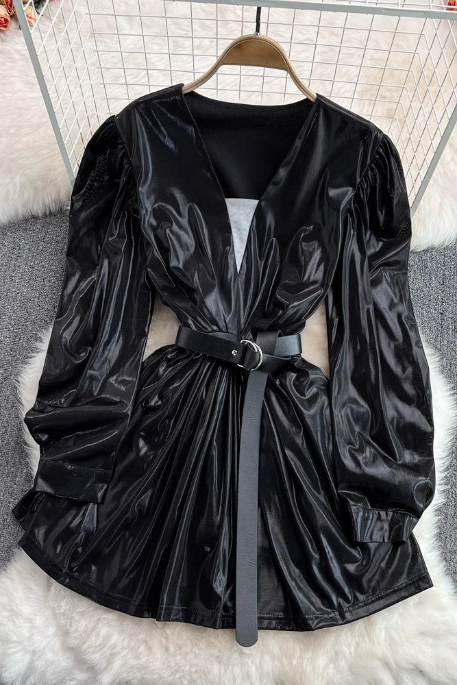 V-Neck Long Sleeve Ruffle Mini Dress