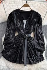 V-Neck Long Sleeve Ruffle Mini Dress