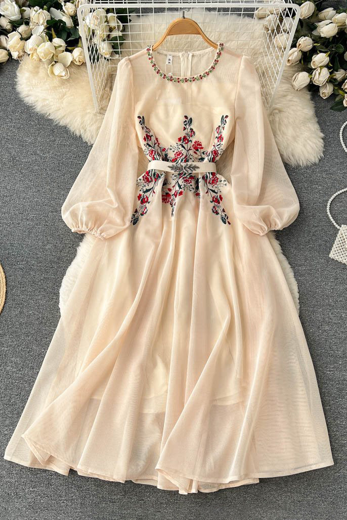Embroidery Gauze Long Sleeve Maxi Dress