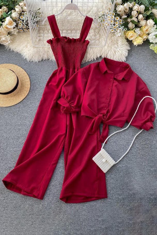 Sleeveless Strap Romper Jumpsuit Buttons Short Sleeve Shirt Tops Set Two-Piece