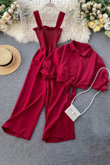 Sleeveless Strap Romper Jumpsuit Buttons Short Sleeve Shirt Tops Set Two-Piece