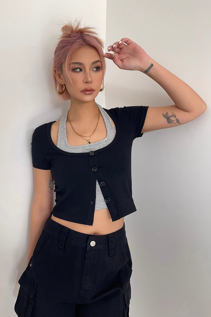Contrast Buttoned Front Fake Two Tops Shirt